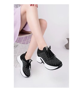 KADIN SİYAH GİZLİ TOPUKLU TAŞLI RAHAT YÜKSEK TABAN TRİKO SNEAKER AYAKKABI