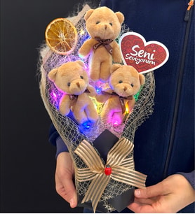 Seni Seviyorum Renkli Led Işıklı Kahve Ayıcıklı Peluş Ayıcık Buketi Doğum Günü Hediyesi
