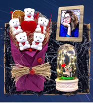 Kişiye Özel Fotoğraflı Ayıcıklar Buketi & Led Işıklı Pandalı Fanus  FUŞYA