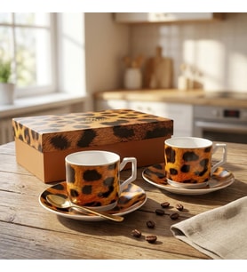 2'li Porselen Kahve Fincanı Takımı - 100 cc Leopar Desenli Altın Yaldızlı Premium Türk Kahvesi ve Espresso Fincan Seti