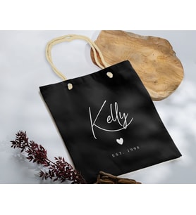 BK Gift Kişiye Özel İsimli Tarihli Siyah Halat Saplı Kumaş Bez Çanta-1, Baskılı Omuz Çantası, Alışveriş Çantası, Arkadaşa Hediye