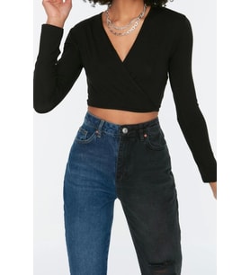 Moda Kruvaze Örme Slim Fit Düz Desen Casual Günlük Crop Uzun Kol Bluz (Siyah)
