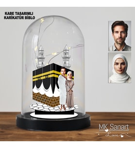 Kişiye Özel Karikatür Kabe Önünde Sevgili Fanus Biblo, Hacı Hediyeleri