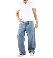 Denim Mavi Yan Fermuar Detaylı Wide Leg Pantolon