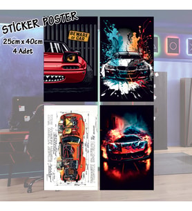 renkli spor araba modelleri - 4 adet yapışkanlı poster sticker etiketler - dolap cam oda için