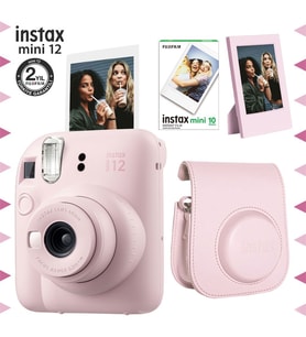 Instax mini 12 Pembe Fotoğraf Makinesi-10'lu Film-Çerçeve ve Deri Kılıf Seti