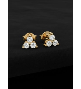 925 Ayar Gümüş Gold Renk 3 Taşlı Minimal Pırlanta Montürlü Trio Çivili Küpe