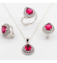 925 Ayar Gümüş Pembe Zirkon Taşlı  Damla Model Set