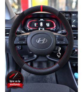 Hyundai i20 Dikme Direksiyon Kılıfı Alcantara Süet Mat Karbon Kırmızı Yüzük ve Dikiş 2020-2026
