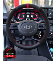 Hyundai i20 Dikme Direksiyon Kılıfı Alcantara Süet Mat Karbon Kırmızı Yüzük ve Dikiş 2020-2026