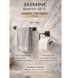 Jasmin 2'li Siyah Kare Yapışkanlı Banyo Seti Kağıtlık, Uzun Havluluk Hem Yapışkanlı Hem Montajlı
