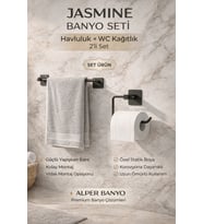 Jasmin 2'li Siyah Kare Yapışkanlı Banyo Seti Kağıtlık, Uzun Havluluk Hem Yapışkanlı Hem Montajlı