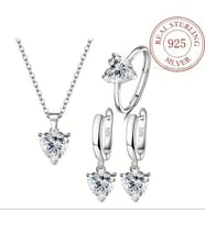 3lü set  kalp model küpe kolye yüzük 925 ayar gümüş rodyum kaplama