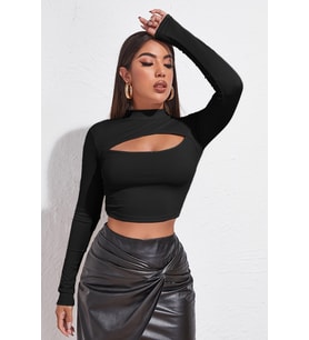 Kadın Siyah Göğüs Dekolteli Uzun Kollu Cut Out Crop Top Bluz