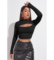 Kadın Siyah Göğüs Dekolteli Uzun Kollu Cut Out Crop Top Bluz