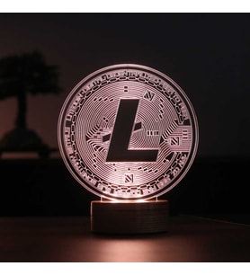 Litecoin Figürlü Dekoratif Hediye Led Masa Lambası 7 Işık Rengi Ahşap Taban (Sarı)