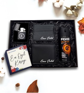 Kişiye Özel Siyah Cüzdan & Kartlık & Zippo Tarzı Çakmak & AXE Deodorant Hediye Seti