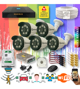 Qromax 5 Kameralı Set - Yapay Zeka Özellikli Gece Renkli Gösteren 8 Warm Ledli TurboHD Güvenlik Kamerası Seti 3908W-9008