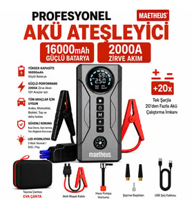 4-in-1 16000mAh Akü Takviye Cihazı 150 PSI Kompresör Powerbank LCD Ekran LED Fener EVA Çanta 2000A Tepe Akım