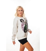 Krem-Gri Kız Baskılı Kadın Oversize 3 İplik Şardonlu Bisiklet Yaka Sweatshirt Hoodie (Krem)