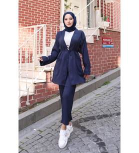 Cep Detaylı Kimono Takım Lacivert
