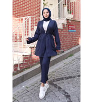 Cep Detaylı Kimono Takım Lacivert