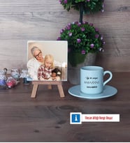 Babaanneye Hediye Fotoğraflı Dekoratif Taş, Ahşap Altlıklı Türk Kahvesi Fincanı Hediye (Model 2)