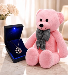 Işıklı Kutuda 925 Ayar Gümüş Rose Gümüş Lale Bahçesi 100 Dilde Seni Seviyorum Kolye ve 80 cm Pembe Peluş Ayıcık Hediye
