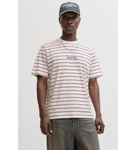 Jack & Jones JORNORREBRO Çizgili Erkek Tişört Bisiklet Yaka Kısa Kollu (Krem)