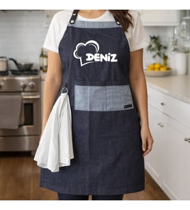BK Gift Kişiye Özel İsimli Pamuk Denim Havlu Detaylı Mutfak Önlüğü -9, Aşçı ve Şef Önlüğü, Ev Hediyesi