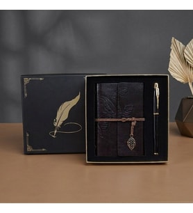 Kutulu Deri Defter ve Metal Roller Kalem Seti - Yaprak Desenli - Baskıya Uygun