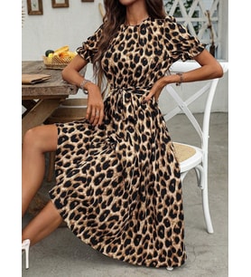Kadın Kısa Kollu Yakalı Belden Kuşaklı Leopar Desenli Midi Süprem Elbise