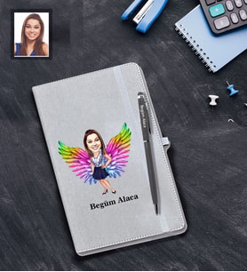 Kişiye Özel Melek Anne Karikatürlü Gri Defter Kalem Hediye Seti Model-3