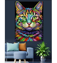 Renkli Psychedelic Kedi Yüzü Dekoratif Kanvas - Mdf Ahşap Tablo