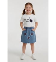 Ekru Çiçek Nakışlı Taşlı Jean Etekli Badili Kız Çocuk 2li Takım 24051