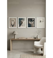 Modern Sanat Baykuş Temalı 4’lü Ahşap Çerçeveli Tablo Seti