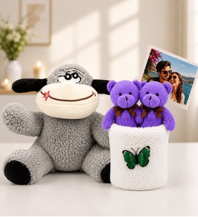 Kişiye Özel Fotoğraflı 2'li Peluş Ayıcık Buketi ve Peluş Eşek Hediye Seti
