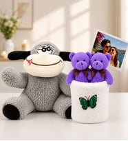Kişiye Özel Fotoğraflı 2'li Peluş Ayıcık Buketi ve Peluş Eşek Hediye Seti