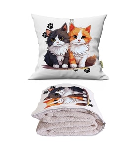 Kedi Çift Baskılı Dekoratif Yastık Kırlent Opsiyonel Battaniye 2 in 1