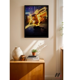 Pokemon Pikachu Neon Poster, Siyah Çerçeveli Duvar Tablosu - Anime Severlere Özel