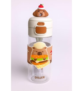 Diller 600ml Sevimli Hayvanlar Süslü Pipetli/Pipetsiz El Askılı Tritan Çocuk Matarası (Kahverengi Capybara)