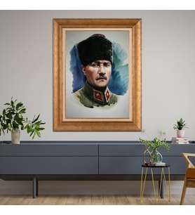 Altın Varaklı Çerçeveli Paspartulu Atatürk Tablo nl02A88 (Gold)