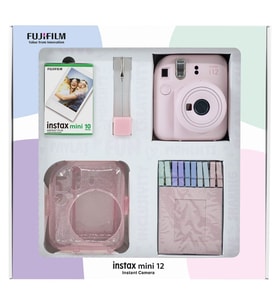 Instax mini 12 Pembe Fotoğraf Makinesi 10'lu Film Simli Pleksi Kılıf Mandal ve Kıskaçlı Resim Standı Bundle Box