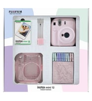 Instax mini 12 Pembe Fotoğraf Makinesi 10'lu Film Simli Pleksi Kılıf Mandal ve Kıskaçlı Resim Standı Bundle Box