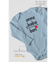 Anne Baba ve Ben Baskılı Bebek Zıbını – Çıtçıtlı Body  %100 Pamuk Uzun Kol (Bebek Mavisi)