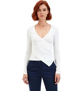 Kadın Düz Kruvaze Yaka Uzun Kollu Vücuda Oturan Bluz Pamuk Polyester Esnek Örme Konforlu Stil