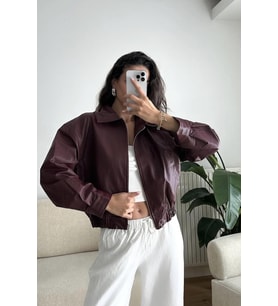 Prifaldi Premium Pb Oversize Bomber Belden Lastikli Deri Ceket (Bordo)