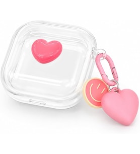 Samsung Galaxy Buds 4 / Buds 4 Pro ile Uyumlu HeartPop 3D Kalpli Şeffaf Kulaklık Kılıfı – Pembe Karabinalı, Kalp ve Smiley Charm Aksesuarlı Koruyucu Kulaklık Kabı