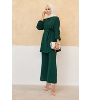 Kolları Piliseli Pantolon Tunik Takım - Zümrüt (Zümrüt Yeşili)