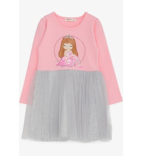 Breeze Kız Çocuk Uzun Kollu Elbise Pullu Kız Baskılı 1.5-5 Yaş, Pembe